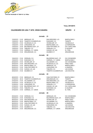 Página 6 de 9
Temp. 2014/2015
CALENDARIO DE LIGA 1ª AFIC. GRAN CANARIA GRUPO 2
Jornada 21
12/02/2015 21:00 ABRISAJAC, CD. SAN GREGORIO, U.D. MASPALOMAS 1
13/02/2015 20:30 TASARTE S.CLEMENTE,CD DUNOASIS, C.D. TASARTE
13/02/2015 21:00 VALSEQUILLO, U.D. VECINKLUBF, CF. VALSEQUILLO
13/02/2015 21:00 LONGUERAS, CD. MASPALOMAS, C.D. LA HERRADURA
13/02/2015 21:00 MAJORERAS GUAY., CF. CASA PASTORES, CF. E.M. CAPELLANIA
13/02/2015 21:00 TABLERO, C.D. CERRUDA, C.D. E.VALERON
13/02/2015 21:00 CARRIZAL, C.F. UNION HUESAS, UD. LAS EL TORIL
13/02/2015 21:00 ARGUINEGUIN, C.D. AGUIMES C.F. ARGUINEGUIN
Jornada 22
19/02/2015 21:00 CERRUDA, C.D. MAJORERAS GUAY., CF. E.M. VECINDARIO
19/02/2015 21:00 DUNOASIS, C.D. CARRIZAL, C.F. UNION MASPALOMAS 1
20/02/2015 21:00 VECINKLUBF, CF. VALLINAMAR, C.D. E.M. VECINDARIO
20/02/2015 21:00 SAN GREGORIO, U.D. VALSEQUILLO, U.D. PABLO HDEZ.
20/02/2015 21:00 MASPALOMAS, C.D. ABRISAJAC, CD. MASPALOMAS 1
20/02/2015 21:00 CASA PASTORES, CF. LONGUERAS, CD. LA MADERA
20/02/2015 21:00 HUESAS, UD. LAS TABLERO, C.D. LAS HUESAS
20/02/2015 21:00 AGUIMES C.F. TASARTE S.CLEMENTE,CD LAS CRUCITAS
Jornada 23
26/02/2015 21:00 ABRISAJAC, CD. CASA PASTORES, CF. MASPALOMAS 1
27/02/2015 20:30 TASARTE S.CLEMENTE,CD ARGUINEGUIN, C.D. TASARTE
27/02/2015 21:00 VALLINAMAR, C.D. SAN GREGORIO, U.D. E.M. JINAMAR
27/02/2015 21:00 VALSEQUILLO, U.D. MASPALOMAS, C.D. VALSEQUILLO
27/02/2015 21:00 LONGUERAS, CD. CERRUDA, C.D. LA HERRADURA
27/02/2015 21:00 MAJORERAS GUAY., CF. HUESAS, UD. LAS E.M. CAPELLANIA
27/02/2015 21:00 TABLERO, C.D. DUNOASIS, C.D. E.VALERON
27/02/2015 21:00 CARRIZAL, C.F. UNION AGUIMES C.F. EL TORIL
Jornada 24
05/03/2015 21:00 CERRUDA, C.D. ABRISAJAC, CD. E.M. VECINDARIO
05/03/2015 21:00 DUNOASIS, C.D. MAJORERAS GUAY., CF. MASPALOMAS 1
06/03/2015 21:00 SAN GREGORIO, U.D. VECINKLUBF, CF. PABLO HDEZ.
06/03/2015 21:00 MASPALOMAS, C.D. VALLINAMAR, C.D. MASPALOMAS 1
06/03/2015 21:00 CASA PASTORES, CF. VALSEQUILLO, U.D. LA MADERA
06/03/2015 21:00 HUESAS, UD. LAS LONGUERAS, CD. LAS HUESAS
06/03/2015 21:00 AGUIMES C.F. TABLERO, C.D. LAS CRUCITAS
06/03/2015 21:00 ARGUINEGUIN, C.D. CARRIZAL, C.F. UNION ARGUINEGUIN
 