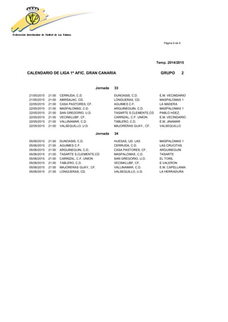 Página 9 de 9
Temp. 2014/2015
CALENDARIO DE LIGA 1ª AFIC. GRAN CANARIA GRUPO 2
Jornada 33
21/05/2015 21:00 CERRUDA, C.D. DUNOASIS, C.D. E.M. VECINDARIO
21/05/2015 21:00 ABRISAJAC, CD. LONGUERAS, CD. MASPALOMAS 1
22/05/2015 21:00 CASA PASTORES, CF. AGUIMES C.F. LA MADERA
22/05/2015 21:00 MASPALOMAS, C.D. ARGUINEGUIN, C.D. MASPALOMAS 1
22/05/2015 21:00 SAN GREGORIO, U.D. TASARTE S.CLEMENTE,CD PABLO HDEZ.
22/05/2015 21:00 VECINKLUBF, CF. CARRIZAL, C.F. UNION E.M. VECINDARIO
22/05/2015 21:00 VALLINAMAR, C.D. TABLERO, C.D. E.M. JINAMAR
22/05/2015 21:00 VALSEQUILLO, U.D. MAJORERAS GUAY., CF. VALSEQUILLO
Jornada 34
05/06/2015 21:00 DUNOASIS, C.D. HUESAS, UD. LAS MASPALOMAS 1
05/06/2015 21:00 AGUIMES C.F. CERRUDA, C.D. LAS CRUCITAS
05/06/2015 21:00 ARGUINEGUIN, C.D. CASA PASTORES, CF. ARGUINEGUIN
05/06/2015 21:00 TASARTE S.CLEMENTE,CD MASPALOMAS, C.D. TASARTE
05/06/2015 21:00 CARRIZAL, C.F. UNION SAN GREGORIO, U.D. EL TORIL
05/06/2015 21:00 TABLERO, C.D. VECINKLUBF, CF. E.VALERON
05/06/2015 21:00 MAJORERAS GUAY., CF. VALLINAMAR, C.D. E.M. CAPELLANIA
05/06/2015 21:00 LONGUERAS, CD. VALSEQUILLO, U.D. LA HERRADURA
 