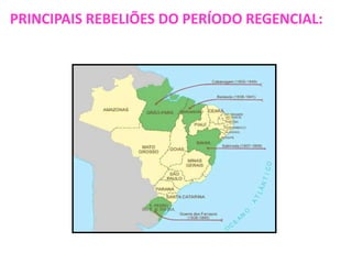 Regência Una do Padre Feijó (1835 – 1837):Divisão nos Liberais Moderados (ver quadro do slide 4):Progressistas (posteriormente liberais): classe média urbana, alguns proprietários rurais e alguns membros do clero. Favoráveis a Feijó e ao Ato Adicional.Várias revoltas pelo país (Cabanagem, Sabinada e Revolução Farroupilha).Regressistas(posteriormente conservadores): maioria dos grandes proprietários, grandes comerciantes e burocratas. Centralizadores e contrários ao Ato Adicional.Feijó renuncia em 1837 (oposição crescente).PADRE FEIJÓ