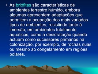 As  briófitas  são características de ambientes terrestre húmido, embora algumas apresentem adaptações que permitem a ocupação dos mais variados tipos de ambientes, resistindo tanto à imersão, em ambientes totalmente aquáticos, como a desidratação quando actuam como sucessores primários na colonização, por exemplo, de rochas nuas ou mesmo ao congelamento em regiões polares.  