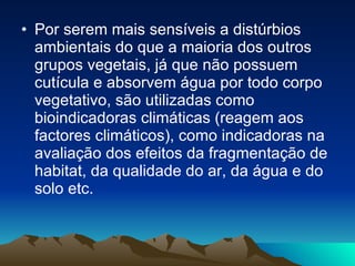 Por serem mais sensíveis a distúrbios ambientais do que a maioria dos outros grupos vegetais, já que não possuem cutícula e absorvem água por todo corpo vegetativo, são utilizadas como bioindicadoras climáticas (reagem aos factores climáticos), como indicadoras na avaliação dos efeitos da fragmentação de habitat, da qualidade do ar, da água e do solo etc.  