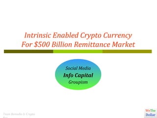 Intrinsic Enabled Crypto Currency
For $500 Billion Remittance Market
Social Media
Info Capital
Groupism
Team Remedio & Crypto
 