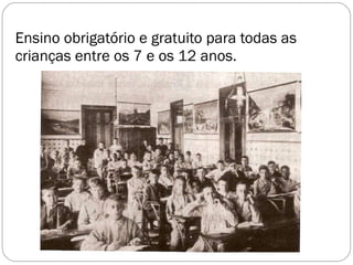 Ensino obrigatório e gratuito para todas as crianças entre os 7 e os 12 anos. 