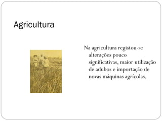 Agricultura Na agricultura registou-se alterações pouco significativas, maior utilização de adubos e importação de novas máquinas agrícolas. 