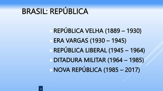 3
BRASIL: REPÚBLICA
REPÚBLICA VELHA (1889 – 1930)
ERA VARGAS (1930 – 1945)
REPÚBLICA LIBERAL (1945 – 1964)
DITADURA MILITAR (1964 – 1985)
NOVA REPÚBLICA (1985 – 2017)
 