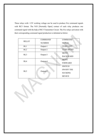 These relays with +12V working voltage can be used to produce five command signals
with RC5 format. The N/O [Normally Open] contact of each relay produces one
command signal with the help of RC5 Transmitter Circuit. The five relays activation with
their corresponding command signal production is tabulated as below:
RELAY
COMMAND
NUMBER
COMMAND
SIGNAL
RL1 Output-1 TURN LEFT
RL2 Output-2 TURN RIGHT
RL3 Output-3
MOVE
BACKWARD
RL4 Output-4
MOVE
FORWARD
RL5 Output-5
SWITCH
ON/OFF THE
SUCKING
DEVICE
 