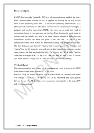 RS232 (serial port)
RS-232 (Recommended Standard - 232) is a telecommunications standard for binary
serial communications between devices. It supplies the roadmap for the way devices
speak to each other using serial ports. The devices are commonly referred to as a DTE
(data terminal equipment) and DCE (data communications equipment); for example, a
computer and modem, respectively.RS232is the most known serial port used in
transmitting the data in communication and interface. Even though serial port is harder to
program than the parallel port, this is the most effective method in which the data
transmission requires less wires that yields to the less cost. The RS232 is the
communication line which enables the data transmission by only using three wire links.
The three links provides ‘transmit’, ‘receive’ and common ground .The ‘transmit’ and
‘receive’ line on this connecter send and receive data between the computers. As the
name indicates, the data is transmitted serially. The two pins are TXD & RXD. There are
other lines on this port as RTS, CTS, DSR, DTR, and RTS, RI. The ‘1’ and ‘0’ are the
data which defines a voltage level of 3V to 25V and -3V to -25V respectively.
TTL Logic Levels
When communicating with various micro processors one needs to convert the RS232
levels down to lower levels, typically 3.3 or 5.0 Volts
Here is a cheap and simple way to do that. SerialRS-232 (V.24) communication works
with voltages -15V to +15V for high and low. On the other hand, TTL logic operates
between 0V and +5V. Modern low power consumption logic operates in the range of 0V
and +3.3V or even lower
Table 4.1 TTL Logic Levels
 