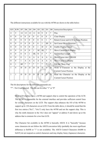 The different instructions available for use with the 44780 are shown in the table below:
R/S R/W D7 D6 D5 D4 D3 D2 D1 D0 Instruction/Description
4 5 14 13 12 11 10 9 8 7 Pins
0 0 0 0 0 0 0 0 0 1 Clear Display
0 0 0 0 0 0 0 0 1 * Return Cursor and LCD to Home Position
0 0 0 0 0 0 0 1 ID S Set Cursor Move Direction
0 0 0 0 0 0 1 D C B Enable Display/Cursor
0 0 0 0 0 1 SC RL * * Move Cursor/Shift Display
0 0 0 0 1 DL N F * * Set Interface Length
0 0 0 1 A A A A A A Move Cursor into CGRAM
0 0 1 A A A A A A A Move Cursor to Display
0 1 BF * * * * * * * Poll the "Busy Flag"
1 0 D D D D D D D D Write a Character to the Display at the
Current Cursor Position
1 1 D D D D D D D D Read the Character on the Display at the
Current Cursor Position
The bit descriptions for the different commands are:
"*" - Not Used/Ignored. This bit can be either "1" or "0"
Most LCD displays have a 44780 and support chip to control the operation of the LCD.
The 44780 is responsible for the external interface and provides sufficient control lines
for sixteen characters on the LCD. The support chip enhances the I/O of the 44780 to
support up to 128 characters on an LCD. From the table above, it should be noted that the
first two entries ("8x1", "16x1") only have the 44780 and not the support chip. This is
why the ninth character in the 16x1 does not "appear" at address 8 and shows up at the
address that is common for a two line LCD.
The Character Set available in the 44780 is basically ASCII. It is "basically" because
some characters do not follow the ASCII convention fully (probably the most significant
difference is 0x05B or "" is not available). The ASCII Control Characters (0x008 to
0x01F) do not respond as control characters and may display funny (Japanese) characters.
 