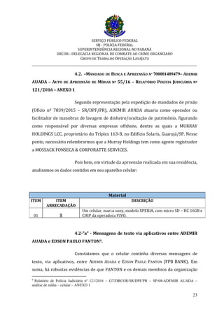 SERVIÇO PÚBLICO FEDERAL
MJ - POLÍCIA FEDERAL
SUPERINTENDÊNCIA REGIONAL NO PARANÁ
DRCOR - DELEGACIA REGIONAL DE COMBATE AO CRIME ORGANIZADO
GRUPO DE TRABALHO OPERAÇÃO LAVAJATO
_________________________________________________________________________
23
4.2. –MANDADO DE BUSCA E APREENSÃO Nº 700001489479– ADEMIR
AUADA – AUTO DE APREENSÃO DE MÍDIAS Nº 55/16 – RELATÓRIO POLÍCIA JUDICIÁRIA Nº
121/2016 – ANEXO 1
Segundo representação pela expedição de mandados de prisão
(Ofício nº 7839/2015 – SR/DPF/PR), ADEMIR AUADA atuaria como operador ou
facilitador de manobras de lavagem de dinheiro/ocultação de patrimônio, figurando
como responsável por diversas empresas offshore, dentre as quais a MURRAY
HOLDINGS LCC, proprietário do Tríplex 163-B, no Edifício Solaris, Guarujá/SP. Nesse
ponto, necessário relembrarmos que a Murray Holdings tem como agente registrador
a MOSSACK FONSECA & CORPORATTE SERVICES.
Pois bem, em virtude da apreensão realizada em sua residência,
analisamos os dados contidos em seu aparelho celular:
Material
ITEM ITEM
ARRECADAÇÃO
DESCRIÇÃO
01 X
Um celular, marca sony, modelo XPERIA, com micro SD – HC 16GB e
CHIP da operadora VIVO.
4.2-”a” - Mensagens de texto via aplicativos entre ADEMIR
AUADA e EDSON PAULO FANTON9.
Constatamos que o celular continha diversas mensagens de
texto, via aplicativos, entre ADEMIR AUADA e EDSON PAULO FANTON (FPB BANK). Em
suma, há robustas evidências de que FANTON e os demais membros da organização
9
Relatório de Polícia Judiciária nº 121/2016 – GT/DRCOR/SR/DPF/PR – SP-08-ADEMIR AUADA –
análise de mídia – celular – ANEXO 1
 