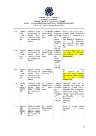 SERVIÇO PÚBLICO FEDERAL
MJ - POLÍCIA FEDERAL
SUPERINTENDÊNCIA REGIONAL NO PARANÁ
DRCOR - DELEGACIA REGIONAL DE COMBATE AO CRIME ORGANIZADO
GRUPO DE TRABALHO OPERAÇÃO LAVAJATO
_________________________________________________________________________
27
2771 26/03/2
014
22:06:5
6(UTC+
0)
5511943631299
@s.whatsapp.net
ademir auada
5511976491515
@s.whatsapp.net
Fanton
551194363129
9@s.whatsapp.
net ademir
auada
55119764
91515@s.
whatsapp.
net
Fanton -
Entregue:
15/09/20
14
17:19:02(
UTC+0)
Fanton para a reuniao com a
Roberta, Joao e Alexandre na
4a.feira as endereco e o
seguinte:
Rua Serafim fe Carvalho no.
33 , Vila Guilherme.
Se possivel leve dois jogos
para abertura de conta.
Abs.
2776 26/03/2
014
22:06:5
6(UTC+
0)
5511943631299
@s.whatsapp.net
ademir auada
5511976491515
@s.whatsapp.net
Fanton
551194363129
9@s.whatsapp.
net ademir
auada
55119764
91515@s.
whatsapp.
net
Fanton -
Entregue:
16/09/20
14
14:53:21(
UTC+0)
Ola Fanton. Se possivel leve
dois jogos de formularios
para abertura de contas.
Obrigado abs.
2787 26/03/2
014
22:06:5
6(UTC+
0)
5511943631299
@s.whatsapp.net
ademir auada
5511976491515
@s.whatsapp.net
Fanton
551197649151
5@s.whatsapp.
net Fanton
Ou Ademir
Na segunda dia 06
Mas por favor qualquer
necessidade acione a Celina
ou me fala
Abs FANTON
2790 26/03/2
014
22:06:5
6(UTC+
0)
5511943631299
@s.whatsapp.net
ademir auada
5511976491515
@s.whatsapp.net
Fanton
551194363129
9@s.whatsapp.
net ademir
auada
55119764
91515@s.
whatsapp.
net
Fanton -
Entregue:
22/09/20
14
22:21:42(
UTC+0)
Desculpe Fanton eu fiz
confusao .voce estara na
ativa na 2a.feira dia 6.
Obrigado. Nao preciso por
enquanto de nada da Marcia.
Apenas estarei no banco para
entregar alguns documentos
pessoalmente , se for
necessario.
Obrigado.
Abs.
2791 26/03/2
014
22:06:5
6(UTC+
0)
5511943631299
@s.whatsapp.net
ademir auada
5511976491515
@s.whatsapp.net
Fanton
551197649151
5@s.whatsapp.
net Fanton
Fique a vontade estarei
avisando a Marcia
Abs
 