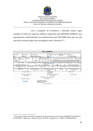 SERVIÇO PÚBLICO FEDERAL
MJ - POLÍCIA FEDERAL
SUPERINTENDÊNCIA REGIONAL NO PARANÁ
DRCOR - DELEGACIA REGIONAL DE COMBATE AO CRIME ORGANIZADO
GRUPO DE TRABALHO OPERAÇÃO LAVAJATO
_________________________________________________________________________
80
Com o propósito de corroborar o afirmado, abaixo segue
exemplo de fichas de empresas offshore registradas pela MOSSACK FONSECA, mas
supostamente comercializada e/ou administrada pelo FPB BANK. Note que em cada
uma delas constam alguns dos investigados como “referência”34:
34
Documentos obtidos nos dados extraídos do Sistema do Panamá com clientes da MOSSACK FONSECA -
IPL 60/2016 – Apenso 01 – volume 12/22 – fls. 3478 – Equipe SP-11 – MBA nº 700001495983
 