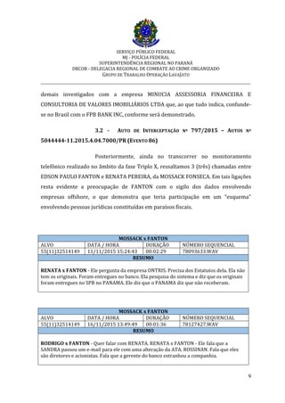 SERVIÇO PÚBLICO FEDERAL
MJ - POLÍCIA FEDERAL
SUPERINTENDÊNCIA REGIONAL NO PARANÁ
DRCOR - DELEGACIA REGIONAL DE COMBATE AO CRIME ORGANIZADO
GRUPO DE TRABALHO OPERAÇÃO LAVAJATO
_________________________________________________________________________
9
demais investigados com a empresa MINUCIA ASSESSORIA FINANCEIRA E
CONSULTORIA DE VALORES IMOBILIÁRIOS LTDA que, ao que tudo indica, confunde-
se no Brasil com o FPB BANK INC, conforme será demonstrado.
3.2 - AUTO DE INTERCEPTAÇÃO Nº 797/2015 – AUTOS Nº
5044444-11.2015.4.04.7000/PR (EVENTO 86)
Posteriormente, ainda no transcorrer no monitoramento
telefônico realizado no âmbito da fase Triplo X, ressaltamos 3 (três) chamadas entre
EDSON PAULO FANTON e RENATA PEREIRA, da MOSSACK FONSECA. Em tais ligações
resta evidente a preocupação de FANTON com o sigilo dos dados envolvendo
empresas offshore, o que demonstra que teria participação em um “esquema”
envolvendo pessoas jurídicas constituídas em paraísos fiscais.
MOSSACK x FANTON
ALVO DATA / HORA DURAÇÃO NÚMERO SEQUENCIAL
55(11)32514149 11/11/2015 15:24:43 00:02:29 78093633.WAV
RESUMO
RENATA x FANTON - Ele pergunta da empresa ONTRIS. Precisa dos Estatutos dela. Ela não
tem os originais. Foram entregues no banco. Ela pesquisa do sistema e diz que os originais
foram entregues no SPB no PANAMA. Ele diz que o PANAMA diz que não receberam.
MOSSACK x FANTON
ALVO DATA / HORA DURAÇÃO NÚMERO SEQUENCIAL
55(11)32514149 16/11/2015 13:49:49 00:01:36 78127427.WAV
RESUMO
RODRIGO x FANTON - Quer falar com RENATA. RENATA x FANTON - Ele fala que a
SANDRA passou um e-mail para ele com uma alteração da ATA. ROSSINAN. Fala que eles
são diretores e acionistas. Fala que a gerente do banco estranhou a companhia.
 