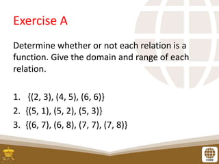 Exercise A
Determine whether or not each relation is a
function. Give the domain and range of each
relation.
1. {(2, 3), (4, 5), (6, 6)}
2. {(5, 1), (5, 2), (5, 3)}
3. {(6, 7), (6, 8), (7, 7), (7, 8)}
 