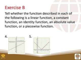 Exercise B
Tell whether the function described in each of
the following is a linear function, a constant
function, an identity function, an absolute value
function, or a piecewise function.
4. 5.
 