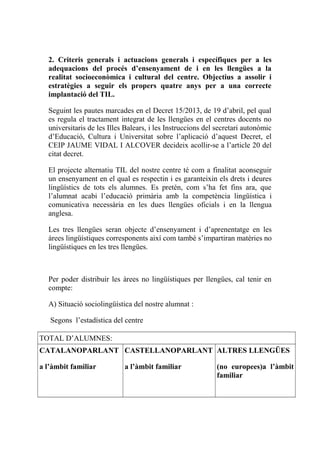 2. Criteris generals i actuacions generals i específiques per a les
adequacions del procés d’ensenyament de i en les llengües a la
realitat socioeconòmica i cultural del centre. Objectius a assolir i
estratègies a seguir els propers quatre anys per a una correcte
implantació del TIL.
Seguint les pautes marcades en el Decret 15/2013, de 19 d’abril, pel qual
es regula el tractament integrat de les llengües en el centres docents no
universitaris de les Illes Balears, i les Instruccions del secretari autonòmic
d’Educació, Cultura i Universitat sobre l’aplicació d’aquest Decret, el
CEIP JAUME VIDAL I ALCOVER decideix acollir-se a l’article 20 del
citat decret.
El projecte alternatiu TIL del nostre centre té com a finalitat aconseguir
un ensenyament en el qual es respectin i es garanteixin els drets i deures
lingüístics de tots els alumnes. Es pretén, com s’ha fet fins ara, que
l’alumnat acabi l’educació primària amb la competència lingüística i
comunicativa necessària en les dues llengües oficials i en la llengua
anglesa.
Les tres llengües seran objecte d’ensenyament i d’aprenentatge en les
àrees lingüístiques corresponents així com també s’impartiran matèries no
lingüístiques en les tres llengües.
Per poder distribuir les àrees no lingüístiques per llengües, cal tenir en
compte:
A) Situació sociolingüística del nostre alumnat :
Segons l’estadística del centre
TOTAL D’ALUMNES:
CATALANOPARLANT
a l’àmbit familiar
CASTELLANOPARLANT
a l’àmbit familiar
ALTRES LLENGÜES
(no europees)a l’àmbit
familiar
 