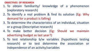 1. To obtain familiarity/ knowledge of a phenomenon
(exploratory research)
2. To identify a real problem & find its solution (Eg: Why
demand for a product is falling)
3. To determine the characteristics of an individual, situation
or a group (Descriptive research)
4. To make better decision (Eg: Should we maintain
advertising budget as last year?)
5. To test relationship b/w variables (hypothesis testing
research) or to test determine the association or
independence of an activity/variables
OBJECTIVES OF RESEARCH
 