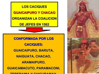 LOS CACIQUESLOS CACIQUES
GUAICAIPURO Y CHACAOGUAICAIPURO Y CHACAO
ORGANIZAN LA COALICIONORGANIZAN LA COALICION
DE JEFES EN 1562DE JEFES EN 1562
CONFORMADA POR LOSCONFORMADA POR LOS
CACIQUES:CACIQUES:
GUAICAIPURO, BARUTA,GUAICAIPURO, BARUTA,
NAIGUATA, CHACAO,NAIGUATA, CHACAO,
ARAMAIPURO,ARAMAIPURO,
GUAICAMACUTO, PARAMACONI,GUAICAMACUTO, PARAMACONI,
 