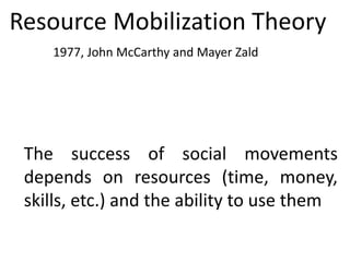 Resource Mobilization Theory
1977, John McCarthy and Mayer Zald
The success of social movements
depends on resources (time, money,
skills, etc.) and the ability to use them
 