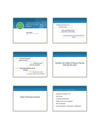 Collaborative Library
Resource Sharing … New
Models …
Matt Goldner
Executive Director – End User Services
OCLC
NISO Resource
Sharing Forum
Atlanta, GA
October 6, 2008
Direct home delivery from remote library has
started
Traditional InterLibrary Loan
continues to grow
Direct Consortial Borrowing
dramatically increases sharing
Then: Users built workflow around
libraries
Now: Library must build
services around user workflow
Then: Attention abundant;
resources scarce
Now: Now: Attention scarce;
resources abundant
Moving to new models for Resource Sharing,
what does this mean?
Today’s Information Consumer
Expectations in a networked world
• Simplicity and ease of use
• Self-service
• Immediate gratification
• Single source for one category
• Rich interactivity
• User participation, contribution, collaboration
 