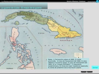 La guerra de Cuba:  El mapa de la guerra  tornar Notes: 1) Ferrocarrils cubans al 1868; 2) Límits provincials;  3) Llocs de l’aixecament del 1868; 4) Llocs célebres a la Guerra Llarga; 5) Llocs de l’aixecament del 1895; 6) La "invasió d’Occident"; 7) Intervenció nordamericana; 8) Zones de major resistència espanyola; 9) Zones de predomini de la insurrecció cubana. 