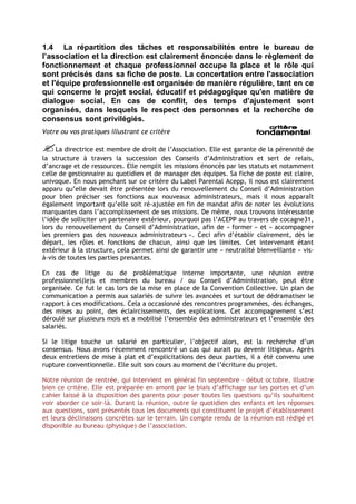 1.4 La répartition des tâches et responsabilités entre le bureau de
l’association et la direction est clairement énoncée dans le règlement de
fonctionnement et chaque professionnel occupe la place et le rôle qui
sont précisés dans sa fiche de poste. La concertation entre l'association
et l'équipe professionnelle est organisée de manière régulière, tant en ce
qui concerne le projet social, éducatif et pédagogique qu'en matière de
dialogue social. En cas de conflit, des temps d’ajustement sont
organisés, dans lesquels le respect des personnes et la recherche de
consensus sont privilégiés.
Votre ou vos pratiques illustrant ce critère

La directrice est membre de droit de l’Association. Elle est garante de la pérennité de
la structure à travers la succession des Conseils d’Administration et sert de relais,
d’ancrage et de ressources. Elle remplit les missions énoncés par les statuts et notamment
celle de gestionnaire au quotidien et de manager des équipes. Sa fiche de poste est claire,
univoque. En nous penchant sur ce critère du Label Parental Acepp, il nous est clairement
apparu qu’elle devait être présentée lors du renouvellement du Conseil d’Administration
pour bien préciser ses fonctions aux nouveaux administrateurs, mais il nous apparaît
également important qu’elle soit ré-ajustée en fin de mandat afin de noter les évolutions
marquantes dans l’accomplissement de ses missions. De même, nous trouvons intéressante
l’idée de solliciter un partenaire extérieur, pourquoi pas l’ACEPP au travers de cocagne31,
lors du renouvellement du Conseil d’Administration, afin de « former » et « accompagner
les premiers pas des nouveaux administrateurs ». Ceci afin d’établir clairement, dès le
départ, les rôles et fonctions de chacun, ainsi que les limites. Cet intervenant étant
extérieur à la structure, cela permet ainsi de garantir une « neutralité bienveillante » vis-
à-vis de toutes les parties prenantes.

En cas de litige ou de problématique interne importante, une réunion entre
professionnel(le)s et membres du bureau / ou Conseil d’Administration, peut être
organisée. Ce fut le cas lors de la mise en place de la Convention Collective. Un plan de
communication a permis aux salariés de suivre les avancées et surtout de dédramatiser le
rapport à ces modifications. Cela a occasionné des rencontres programmées, des échanges,
des mises au point, des éclaircissements, des explications. Cet accompagnement s’est
déroulé sur plusieurs mois et a mobilisé l’ensemble des administrateurs et l’ensemble des
salariés.

Si le litige touche un salarié en particulier, l’objectif alors, est la recherche d’un
consensus. Nous avons récemment rencontré un cas qui aurait pu devenir litigieux. Après
deux entretiens de mise à plat et d’explicitations des deux parties, il a été convenu une
rupture conventionnelle. Elle suit son cours au moment de l’écriture du projet.

Notre réunion de rentrée, qui intervient en général fin septembre – début octobre, illustre
bien ce critère. Elle est préparée en amont par le biais d’affichage sur les portes et d’un
cahier laissé à la disposition des parents pour poser toutes les questions qu’ils souhaitent
voir aborder ce soir-là. Durant la réunion, outre le quotidien des enfants et les réponses
aux questions, sont présentés tous les documents qui constituent le projet d’établissement
et leurs déclinaisons concrètes sur le terrain. Un compte rendu de la réunion est rédigé et
disponible au bureau (physique) de l’association.
 