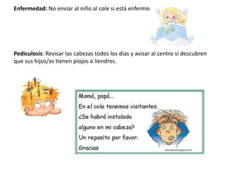 Enfermedad: No enviar al niño al cole si está enfermo.
Pediculosis: Revisar las cabezas todos los días y avisar al centro si descubren
que sus hijos/as tienen piojos o liendres.
 