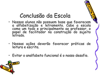 Conclusão da Escola Nossos alunos não possuem base que favorecem a alfabetização e letramento. Cabe a escola como um todo e principalmente ao professor, o papel de facilitador na construção do sujeito letrado. Nossas ações deverão favorecer práticas de leitura e escrita. Evitar o analfabeto funcional é o nosso desafio. 