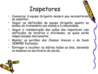 Inspetores Comunicar à equipe dirigente sempre que necessitarem se ausentar; Seguir as definições da equipe dirigente quanto ao modos de tratamento aos alunos e à comunidade. Seguir a reelaboração das ações dos inspetores com definições de horários e atividades, as quais serão inspecionadas diariamente; Manter os portões das Classes Anexas e da Sede SEMPRE fechados; Entregar e recolher os diários todos os dias, deixando os mesmos na secretaria da escola. 