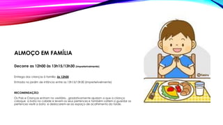 ALMOÇO EM FAMÍLIA
Decorre as 12h00 às 13h15/13h30 (impreterivelmente)
Entrega das crianças à família às 12h00
Entrada no jardim de infância entre as 13h15/13h30 (impreterivelmente)
RECOMENDAÇÃO:
Os Pais e Crianças entram no vestiário , gradativamente ajudam a que a criança
coloque a bata no cabide e levem os seus pertences e também voltem a guardar os
pertences vestir a bata e deslocarem-se ao espaço de acolhimento da tarde.
 