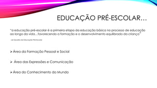 EDUCAÇÃO PRÉ-ESCOLAR…
“a educação pré-escolar é a primeira etapa da educação básica no processo de educação
ao longo da vida…favorecendo a formação e o desenvolvimento equilibrado da criança”
Lei-Quadro da Educação Pré-Escolar
Área da Formação Pessoal e Social
 Área das Expressões e Comunicação
Área do Conhecimento do Mundo
 