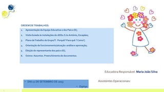 2
ORDEM DETRABALHOS:
1. Apresentação da Equipa Educativa e dos Pais e EE;
2. VisitaGuiada às instalações do JI/Eb1 S.to António, Escapães;
3. Plano deTrabalho de Grupo/T: Porquê? Para quê ? Como?;
4. Orientação de funcionamento/atuação: análise e aprovação;
5. Eleição do representante dos pais e EE;
6. Outros Assuntos. Preenchimento de documentos.
• DIA 11 DE SETEMBRO DE 2013
• O9H30
Educadora Responsável: Maria João Silva
Assistentes Operacionais:
 