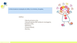 4
2.Visita Guiada às instalações do JI/Eb1 S.to António, Escapães;
-Edifício
- Sala do primeiro ciclo;
- Sala polivalente (PAF ainda em montagem);
-Vestiário e WC;
- Refeitório;
- Parque Infantil;
- Recreio;
 