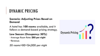 DYNAMIC PRICING
Scenario: Adjusting Prices Based on
Demand
A hotel has 100 rooms available, and it
follows a demand-based pricing strategy.
Low Season (Occupancy: 50%)
 Average Room Rate: $80 per night
 Revenue:
50 rooms×80=$4,000 per night
 