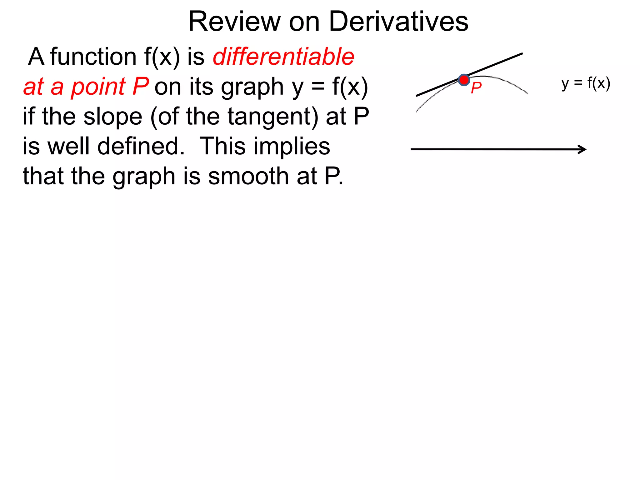 A function f(x) is differentiable
at a point P on its graph y = f(x)
if the slope (of the tangent) at P
is well defined. This implies
that the graph is smooth at P.
y = f(x)
Review on Derivatives
P
 