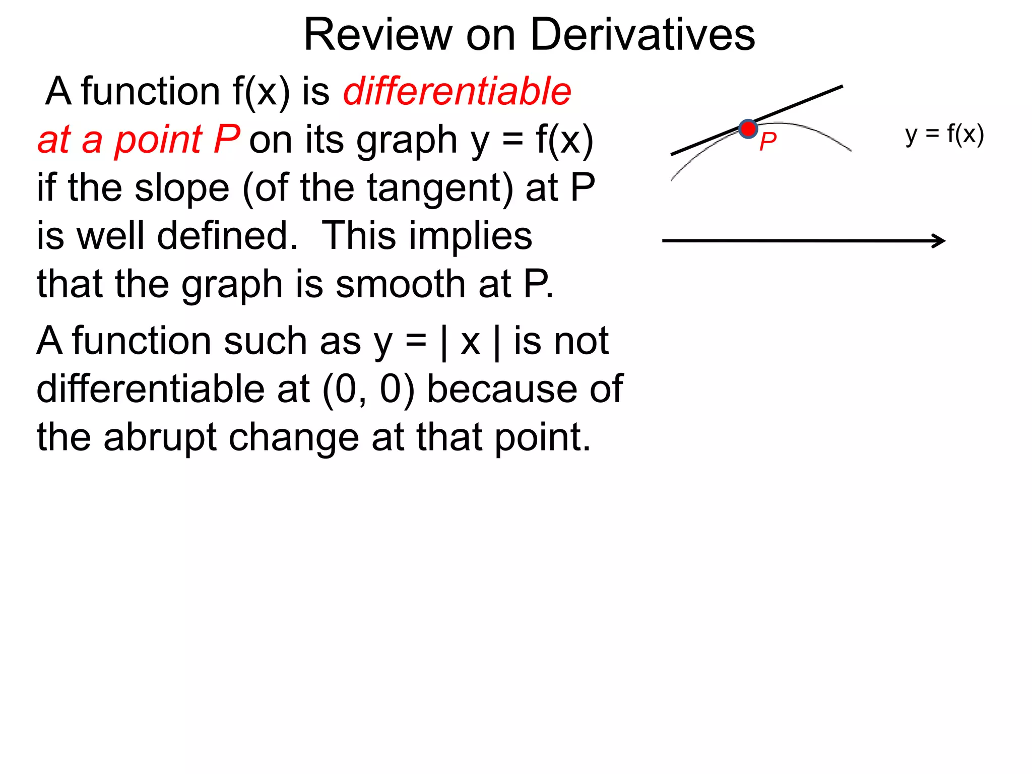 A function f(x) is differentiable
at a point P on its graph y = f(x)
if the slope (of the tangent) at P
is well defined. This implies
that the graph is smooth at P.
A function such as y = | x | is not
differentiable at (0, 0) because of
the abrupt change at that point.
y = f(x)
Review on Derivatives
P
 
