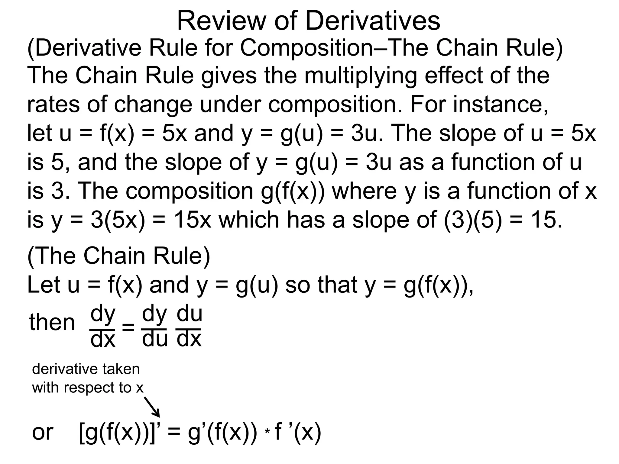 Review of Derivatives
(Derivative Rule for Composition–The Chain Rule)
The Chain Rule gives the multiplying effect of the
rates of change under composition. For instance,
let u = f(x) = 5x and y = g(u) = 3u. The slope of u = 5x
is 5, and the slope of y = g(u) = 3u as a function of u
is 3. The composition g(f(x)) where y is a function of x
is y = 3(5x) = 15x which has a slope of (3)(5) = 15.
(The Chain Rule)
Let u = f(x) and y = g(u) so that y = g(f(x)),
dy
dx =
dy
du
du
dx
then
or [g(f(x))]’ = g’(f(x)) * f ’(x)
derivative taken
with respect to x
 