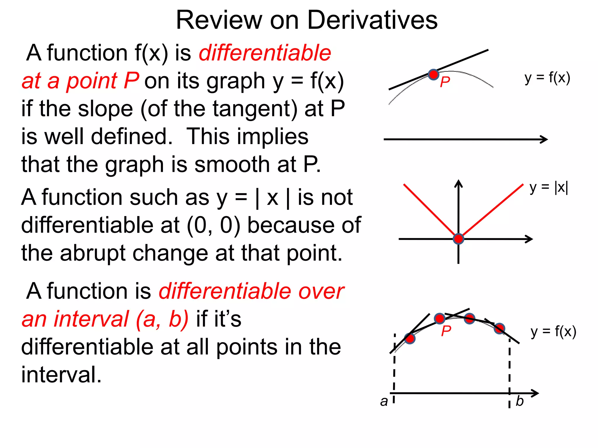 A function f(x) is differentiable
at a point P on its graph y = f(x)
if the slope (of the tangent) at P
is well defined. This implies
that the graph is smooth at P.
A function such as y = | x | is not
differentiable at (0, 0) because of
the abrupt change at that point.
y = f(x)
y = |x|
A function is differentiable over
an interval (a, b) if it’s
differentiable at all points in the
interval.
Review on Derivatives
P
y = f(x)P
a b
 