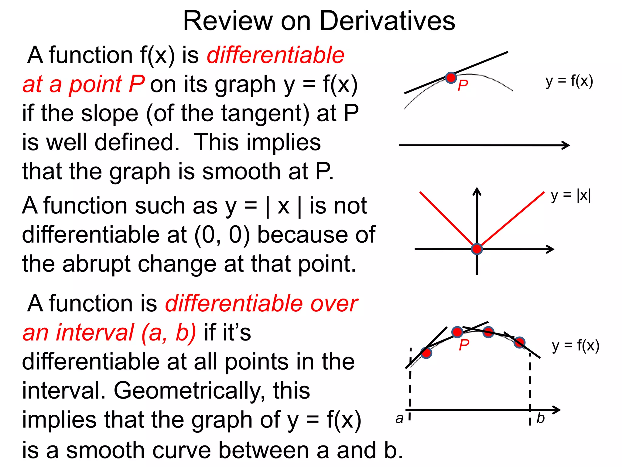 A function f(x) is differentiable
at a point P on its graph y = f(x)
if the slope (of the tangent) at P
is well defined. This implies
that the graph is smooth at P.
A function such as y = | x | is not
differentiable at (0, 0) because of
the abrupt change at that point.
y = f(x)
y = |x|
A function is differentiable over
an interval (a, b) if it’s
differentiable at all points in the
interval. Geometrically, this
implies that the graph of y = f(x)
Review on Derivatives
P
y = f(x)P
a b
is a smooth curve between a and b.
 