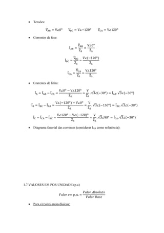 Tensões: 
 Correntes de fase: 
 Correntes de linha: 
 Diagrama fasorial das correntes (considerar IAB como referência): 
1.7.VALORES EM POR UNIDADE (p.u) 
 Para circuitos monofásicos: 
 