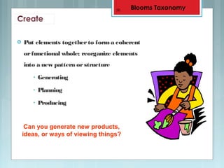  Put elements togetherto forma coherent
orfunctional whole; reorganize elements
into a new pattern orstructure
• Generating
• Planning
• Producing
10
Can you generate new products,
ideas, or ways of viewing things?
Blooms Taxonomy
 