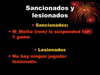 Sancionados y lesionados Sancionados: M_Motta (rom) is suspended for 1 game   Lesionados No hay ningún jugador lesionado. 