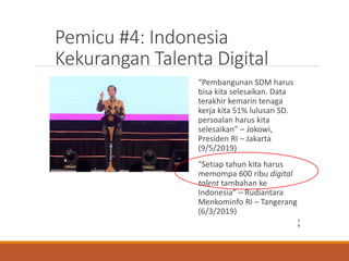 Pemicu #4: Indonesia
Kekurangan Talenta Digital
“Pembangunan SDM harus
bisa kita selesaikan. Data
terakhir kemarin tenaga
kerja kita 51% lulusan SD.
persoalan harus kita
selesaikan” – Jokowi,
Presiden RI – Jakarta
(9/5/2019)
"Setiap tahun kita harus
memompa 600 ribu digital
talent tambahan ke
Indonesia” – Rudiantara
Menkominfo RI – Tangerang
(6/3/2019)
1
9
 