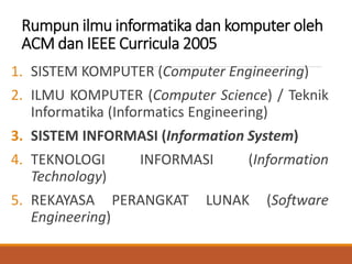 Rumpun ilmu informatika dan komputer oleh
ACM dan IEEE Curricula 2005
1. SISTEM KOMPUTER (Computer Engineering)
2. ILMU KOMPUTER (Computer Science) / Teknik
Informatika (Informatics Engineering)
3. SISTEM INFORMASI (Information System)
4. TEKNOLOGI INFORMASI (Information
Technology)
5. REKAYASA PERANGKAT LUNAK (Software
Engineering)
 
