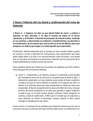 1 Reyes 2 Muerte del rey David y confirmación del reino de Salomón. Por ...