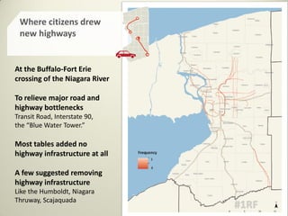 At the Buffalo-Fort Erie
crossing of the Niagara River
To relieve major road and
highway bottlenecks
Transit Road, Interstate 90,
the “Blue Water Tower.”
Most tables added no
highway infrastructure at all
A few suggested removing
highway infrastructure
Like the Humboldt, Niagara
Thruway, Scajaquada
Where citizens drew
new highways
 