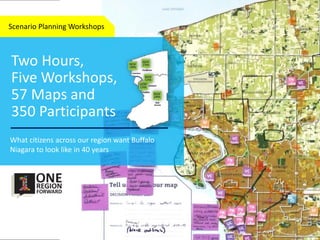 Two Hours,
Five Workshops,
57 Maps and
350 Participants
Scenario Planning Workshops
What citizens across our region want Buffalo
Niagara to look like in 40 years
 