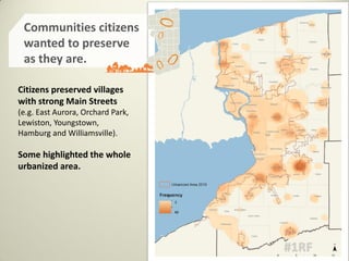 Citizens preserved villages
with strong Main Streets
(e.g. East Aurora, Orchard Park,
Lewiston, Youngstown,
Hamburg and Williamsville).
Some highlighted the whole
urbanized area.
Communities citizens
wanted to preserve
as they are.
 