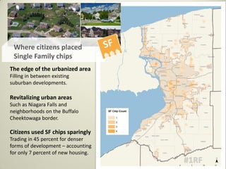 The edge of the urbanized area
Filling in between existing
suburban developments.
Revitalizing urban areas
Such as Niagara Falls and
neighborhoods on the Buffalo
Cheektowaga border.
Citizens used SF chips sparingly
Trading in 45 percent for denser
forms of development – accounting
for only 7 percent of new housing.
Where citizens placed
Single Family chips
 