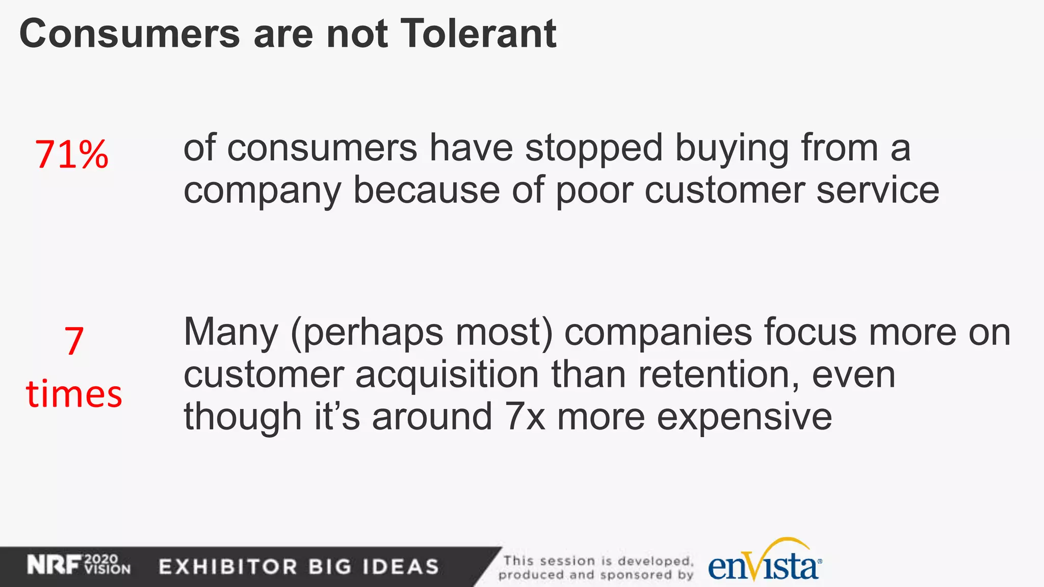 Consumers are not Tolerant
of consumers have stopped buying from a
company because of poor customer service
Many (perhaps most) companies focus more on
customer acquisition than retention, even
though it’s around 7x more expensive
71%
7
times
 