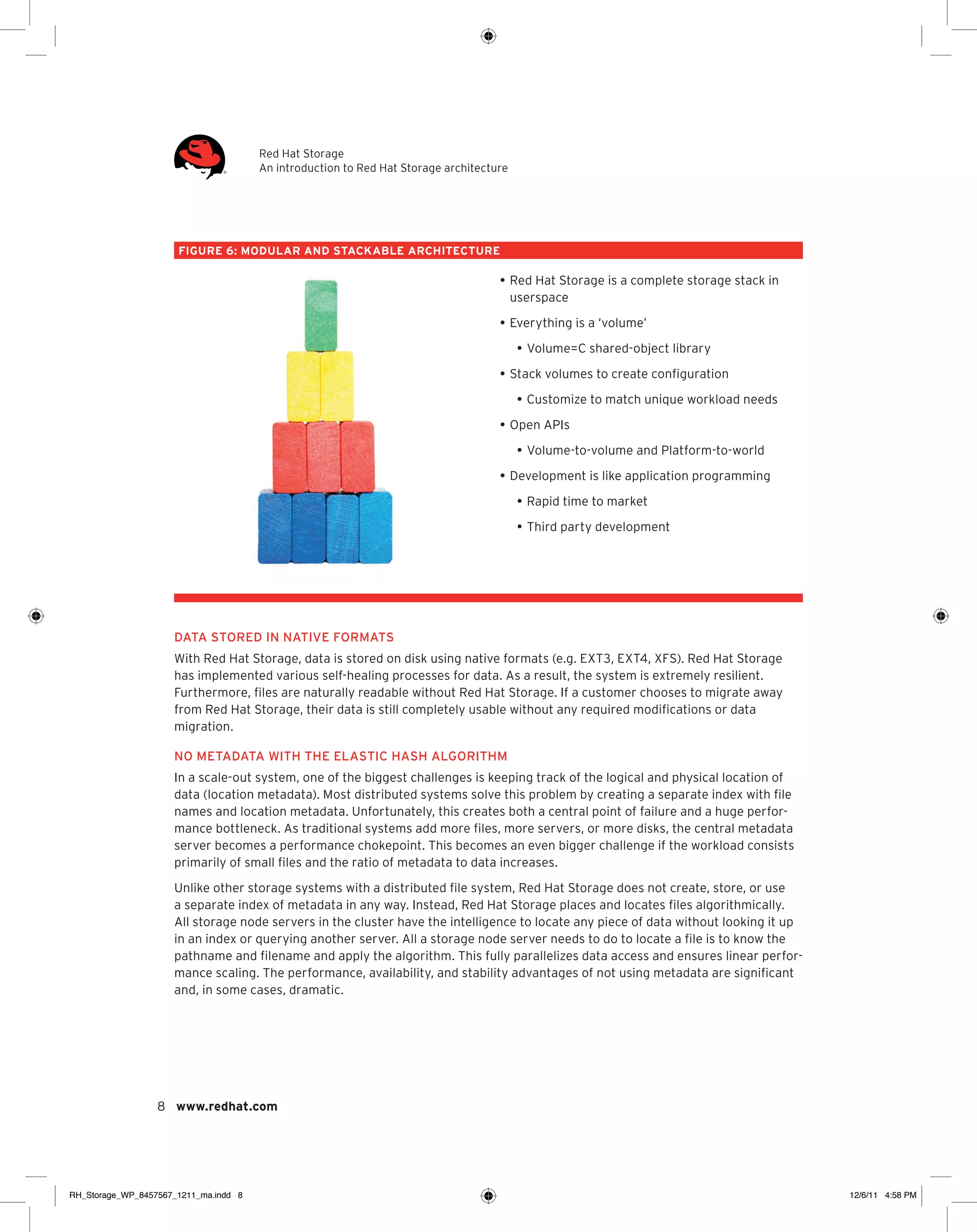 Red Hat Storage
An introduction to Red Hat Storage architecture

FIGURE 6: MODULAR AND STACKABLE ARCHITECTURE

•	Red Hat Storage is a complete storage stack in
userspace
•	Everything is a ‘volume’
•	Volume=C shared-object library
•	Stack volumes to create configuration
•	Customize to match unique workload needs
•	Open APIs
•	Volume-to-volume and Platform-to-world
•	Development is like application programming
•	Rapid time to market
•	Third party development

Data stored in native formats
With Red Hat Storage, data is stored on disk using native formats (e.g. EXT3, EXT4, XFS). Red Hat Storage
has implemented various self-healing processes for data. As a result, the system is extremely resilient.
Furthermore, files are naturally readable without Red Hat Storage. If a customer chooses to migrate away
from Red Hat Storage, their data is still completely usable without any required modifications or data
migration.
No metadata with the elastic hash algorithm
In a scale-out system, one of the biggest challenges is keeping track of the logical and physical location of
data (location metadata). Most distributed systems solve this problem by creating a separate index with file
names and location metadata. Unfortunately, this creates both a central point of failure and a huge performance bottleneck. As traditional systems add more files, more servers, or more disks, the central metadata
server becomes a performance chokepoint. This becomes an even bigger challenge if the workload consists
primarily of small files and the ratio of metadata to data increases.
Unlike other storage systems with a distributed file system, Red Hat Storage does not create, store, or use
a separate index of metadata in any way. Instead, Red Hat Storage places and locates files algorithmically.
All storage node servers in the cluster have the intelligence to locate any piece of data without looking it up
in an index or querying another server. All a storage node server needs to do to locate a file is to know the
pathname and filename and apply the algorithm. This fully parallelizes data access and ensures linear performance scaling. The performance, availability, and stability advantages of not using metadata are significant
and, in some cases, dramatic.

8 www.redhat.com

RH_Storage_WP_8457567_1211_ma.indd 8

12/6/11 4:58 PM

 
